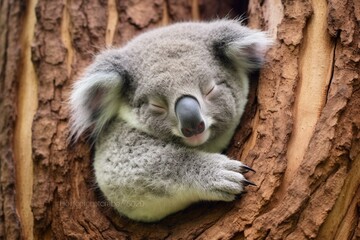 a sleeping koala clinging to a tree trunk. Generative AI