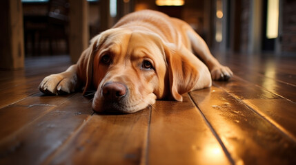 Relaxed dog lying on wooden floor