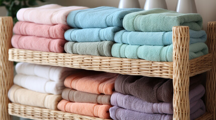 Colorful towels stacked on wicker shelves