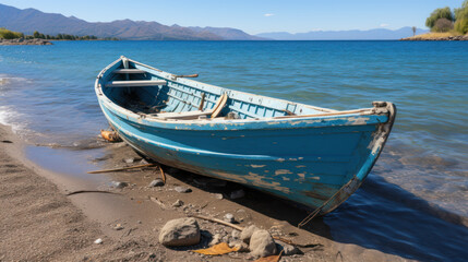 Blue boat ashore on serene mountain lake