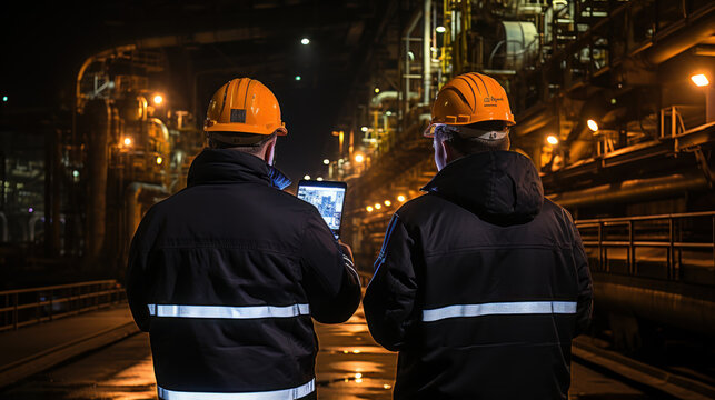 Two Workers In Safety Gear And Helmets Examining A Facility At Night