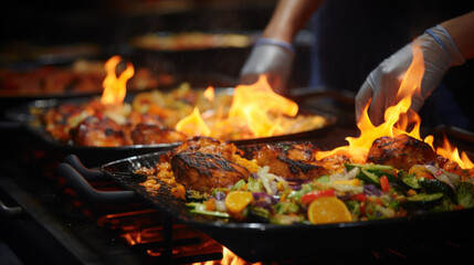 Naklejka premium Sizzling grilled dishes on the stove