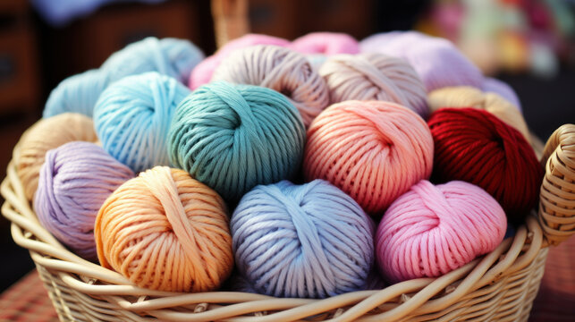 A basket filled with colorful balls of yarn in various shades.