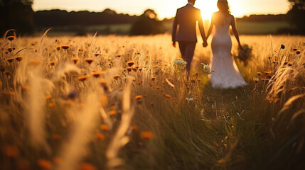 Couple walking in golden field at sunset