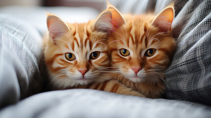 Close-up of two ginger kittens nestled in soft fabric