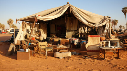 Desert market stall with assorted items under tent