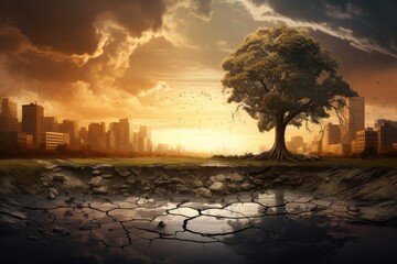 Climate change-themed art featuring dry land, a lone tree, and distant building, provoking thought on environmental issues.
