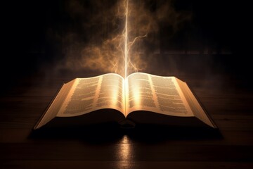 Intriguing image of a Bible with a string of light bisecting it, evoking themes of guidance and revelation.

