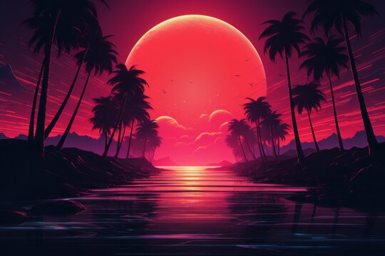 Stunning red synthwave art featuring mountains and palm trees, ideal for a nostalgic, retro-futuristic vibe.