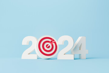New year resolution 2024. Goal achievement. Ambition aiming success. Dartboard and arrow with number. 3d rendering illustration - obrazy, fototapety, plakaty