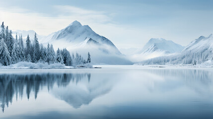 Fototapeta na wymiar A minimalist composition capturing the tranquility of winter, with snow-covered landscapes and crisp reflections on the frozen lake against the backdrop of mountains.