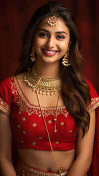 Beautiful indian woman in traditional costume lehenga choli,smiling.