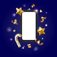 Vector 3d cartoon phone with gold Christmas confetti. Xmas web banner or mockup. Smartphone New year sparkling illustration on dark background.