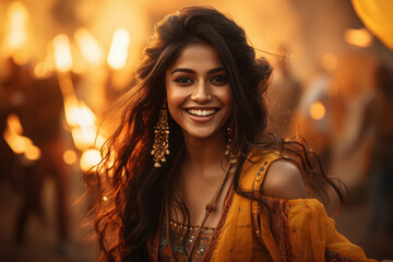 Beautiful indian woman in traditional costume lehenga choli,smiling - obrazy, fototapety, plakaty