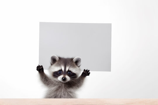 Funny baby raccon holding a blank poster. Copy space for your text