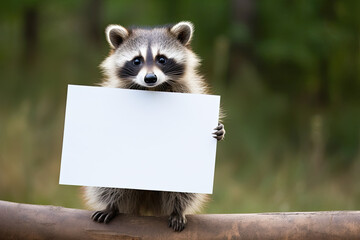 Funny baby raccon holding a blank poster. Copy space for your text