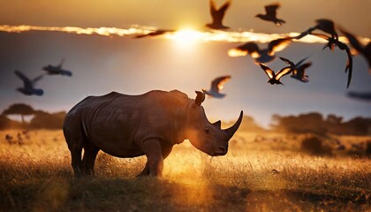 Rhinoceros in the sunset in Africa