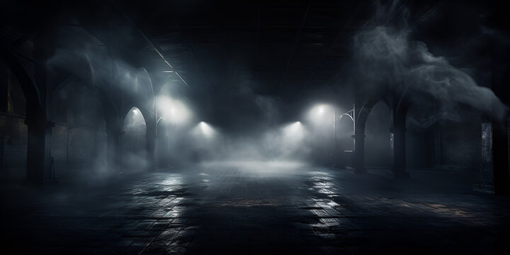 dark room with light and smoke mist or fog  in the style of minimalist background, "Ethereal Silence: Minimal Dark Room with Light Beams and Smoke"