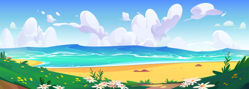 Summer cartoon sand sea beach shore and blue sky vector background. Water on tropical seaside coast with flowers and green grass. Caribbean lagoon beautiful landscape scene panorama banner concept