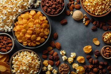 Obraz na płótnie Canvas Variety of snacks in wooden bowls. Nuts, corn, raisins, peanuts, walnuts, pecans, cornflakes, cranberries.