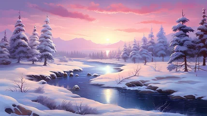 Muurstickers winter landscape with river and sunset © Benjamin