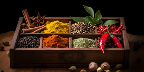 spices in box pink and black pepper, paprika powder, curry, "Culinary Spice Collection: Paprika, Curry, Pepper"