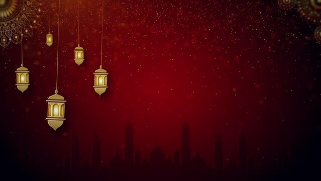 Festive greeting card Ornamental Arabic lantern burning candle glowing night glittering bokeh lights. Invitation for Muslim holy month Ramadan Kareem. Dark background. Ramadan Kareem eid mubarak