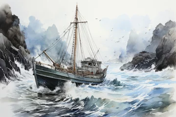 Deurstickers Ship Shipwreck Sea Waves Tall Ship watercolor painting Abstract background. © JackDong