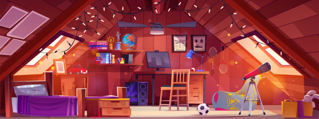 Cartoon teenage boy bedroom in attic of house, furniture and accessories for active sports. Vector room with bed and table with computer, shelves with books and athletic cups, telescope and toys. - obrazy, fototapety, plakaty