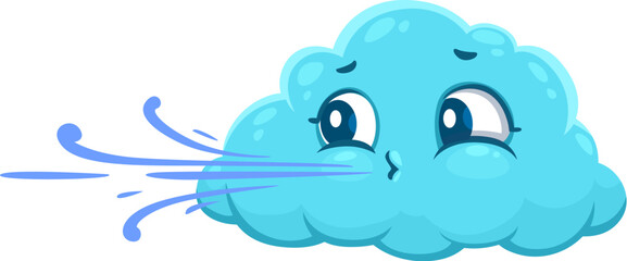 Cartoon cute wind weather character, isolated vector light blue whimsical cloud blowing swirling air flows from mouth. Playful, energetic and environmental friendly puffy personage for windy forecast