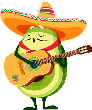 Cartoon kawaii Mexican avocado character. Raw fruit, healthy vegetarian food cheerful vector mascot or character. Cute avocado mariachi personage in sombrero hat, playing on guitar and singing song