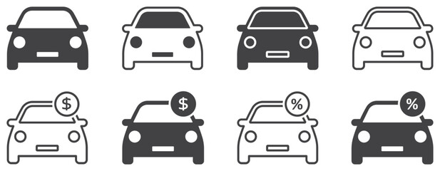 Set of car icon. Car with percent and dollar symbols. Buying vehicle, car loan, transport payment, rent car. Vector illustration.