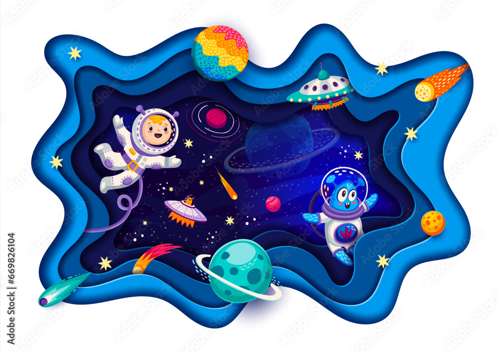 Poster space paper cut landscape with astronaut, alien and galaxy planets. vector 3d frame with wavy paperc
