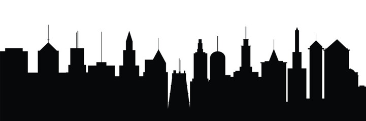 Silhouette city background. Office buildings silhouette. Hand drawn vector art. 