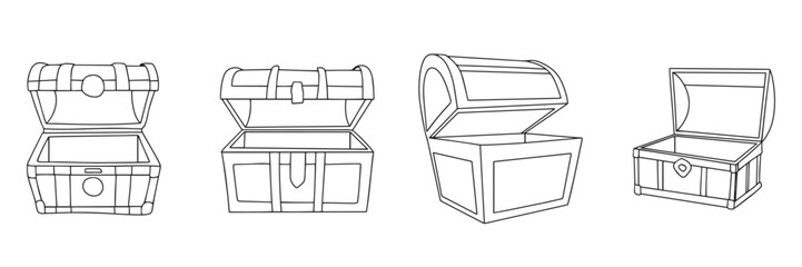 Set of open empty chest in doodle style. Outline empty treasure chests. Hand drawn vector art. 