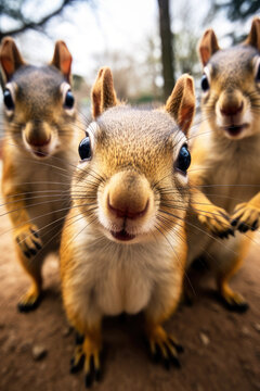 Funny squirrels with big eyes looking into the camera