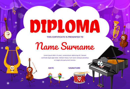 Musical diploma with cartoon instruments characters on the stage. Kids musical education success or achievement vector diploma with banjo, lyre, violin, maracas and drum, piano, cello cute personages - Powered by Adobe