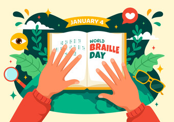 World Braille Day Vector Illustration on 4th of January with Text by Alphabet for Means of Communication in Flat Kids Cartoon Background Design - obrazy, fototapety, plakaty