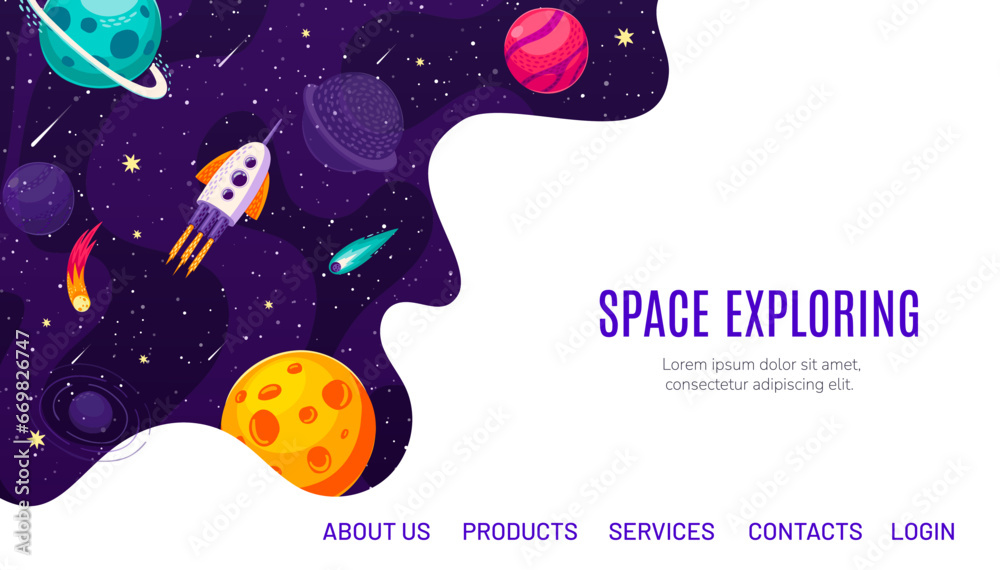 Poster Galaxy space exploring landing page with cartoon rocket spaceship at starry galaxy, vector website template. Outer space galaxy and rocket spaceflight in sky background for website landing page