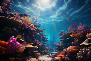 3d illustration of underwater sea colorful tropical fish in the coral reef.