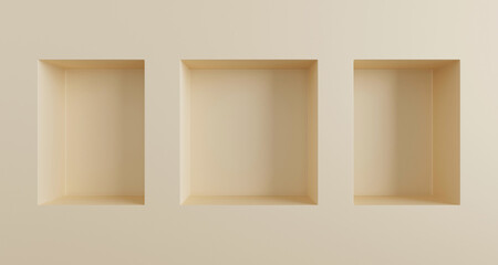 3d render beige wall with square and rectangle box shelves, empty three niches. Nude studio room minimal showcase, blank interior recess frames, abstract product presentation platform. 3D illustration