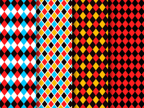 Circus red and black harlequin patterns, rhombus lozenge pattern of retro carnival, fun fair, chapiteau or masquerade vector backgrounds set. Abstract geometric ornament of color rhombus and diamonds
