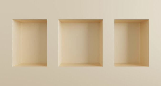 3d render beige wall with square and rectangle box shelves, empty three niches. Nude studio room minimal showcase, blank interior recess frames, abstract product presentation platform. 3D illustration