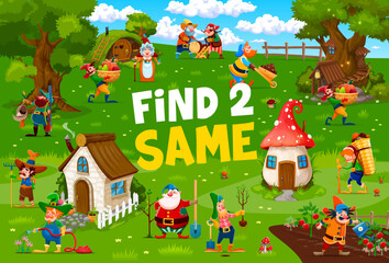 Obraz na płótnie Canvas Find two same cartoon fairytale funny gnomes at village, vector quiz game for kids. Little elf gnomes or dwarfs in forest or garden village for puzzle game to find and match same objects on picture