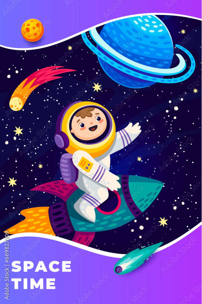 Aufkleber Cartoon kid astronaut on space rocket flying to galaxy planets in starry sky, vector poster. Outer space adventure background with kid spaceman on spaceship in galactic stars with asteroids and comets