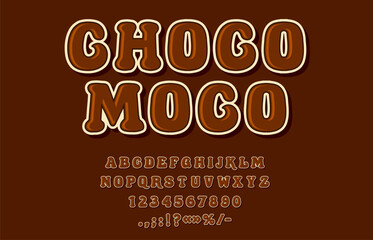 Chocolate font, candy sweet type, choco dessert caramel typeface, cocoa latin alphabet. Brown letters and numbers of english abc, vector typography. Chocolate dessert food cartoon font set