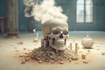 Destructive vice of smoking portrayed by a smoking word and negative symbolism, illustrated in 3D. Generative AI - obrazy, fototapety, plakaty