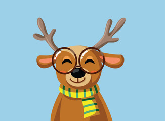 Happy Reindeer Wearing Glasses Celebrating Christmas Vector Cartoon. Trendy hipster animal celebrating, festive winter holidays
