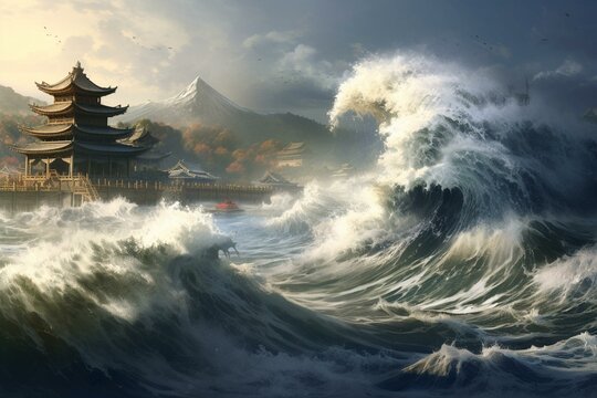 Illustration depicting treacherous tsunami waves approaching a coastline. Generative AI