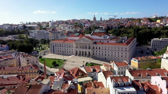 Main Facade Of Sao Bento Palace -  Palace of Saint Benedict In Lisbon, Portugal. - aerial